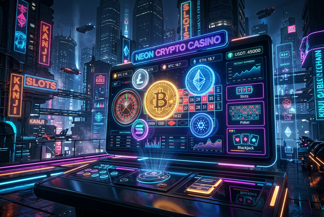 Luksusowe kasyno krypto z interfejsem cyfrowym i neonowymi ikonami Bitcoin