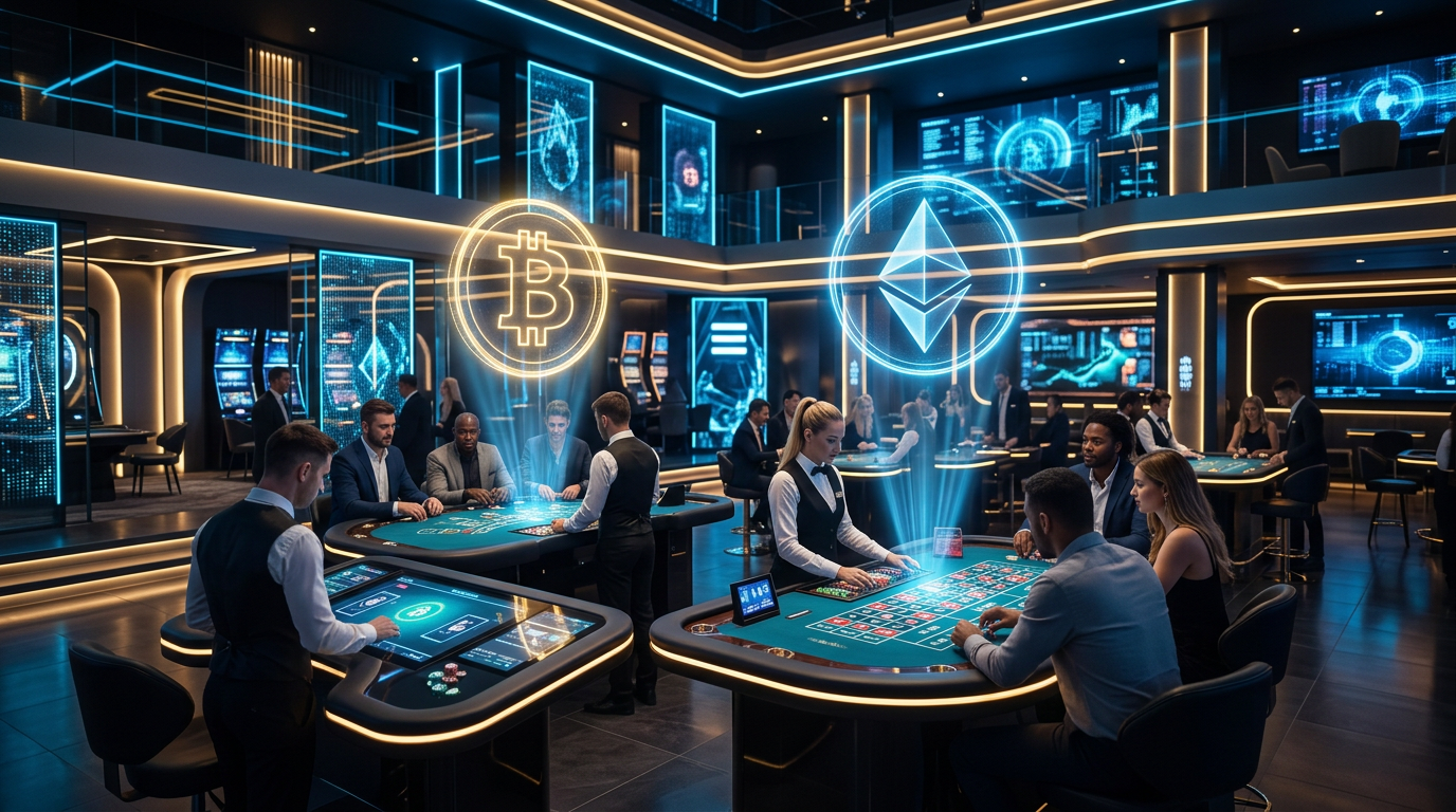 Futurystyczne kasyno krypto z hologramami Bitcoina i Ethereum