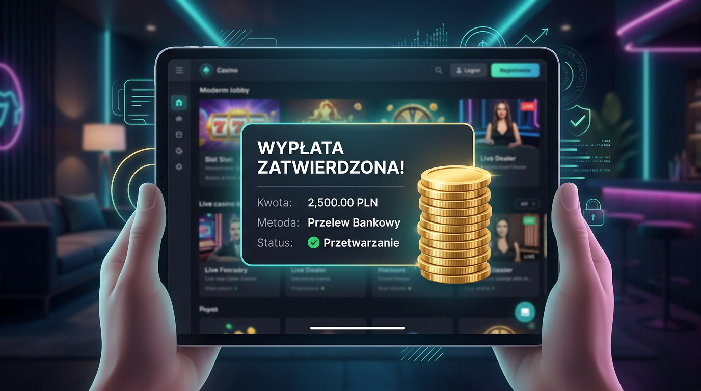 Interfejs wypłacalnego kasyna internetowego z potwierdzeniem pomyślnej wypłaty wygranej.