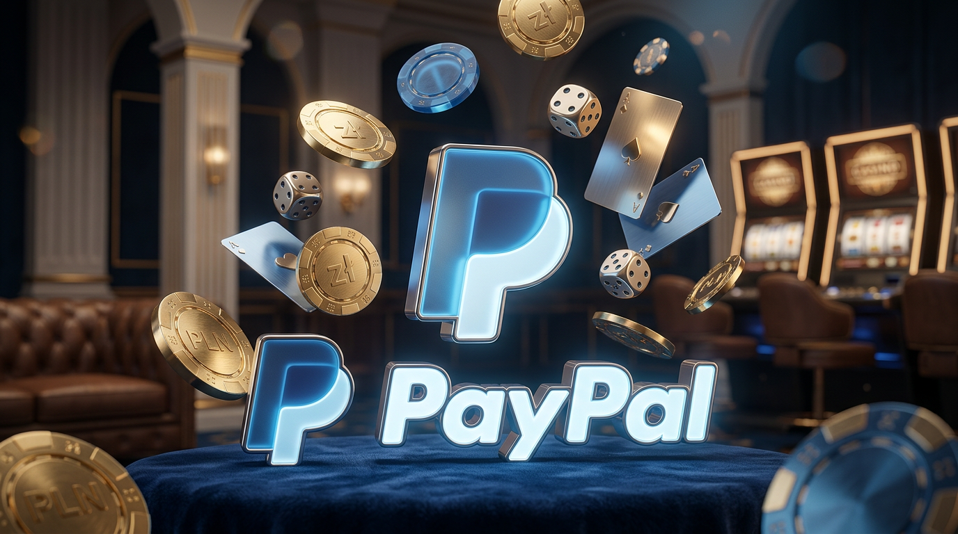 Logo PayPal na tle luksusowego kasyna online