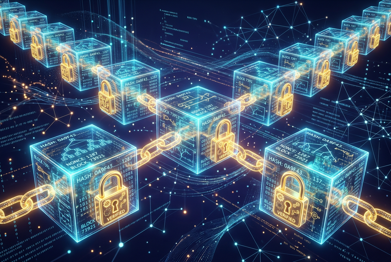 Abstrakcyjna wizualizacja bloków blockchain i kłódek symbolizująca Provably Fair